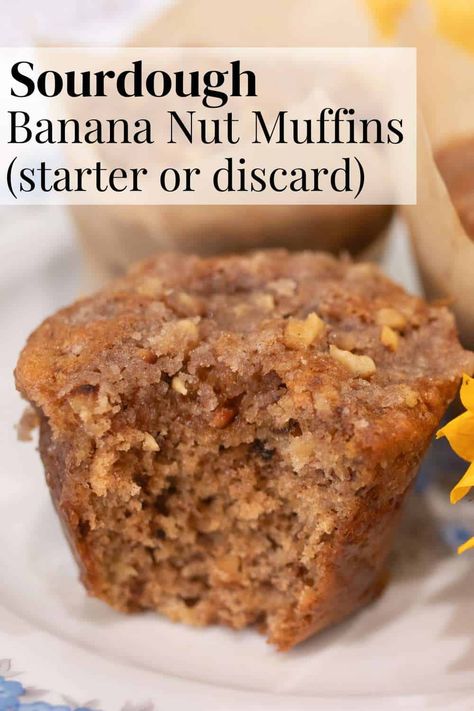 These Sourdough Banana Nut Muffins (starter or discard) are the perfect way to start your day. They're easy to make and absolutely delicious! Banana Sourdough, Banana Pecan Muffins, Strudel Topping, The Pantry Mama, Using Sourdough Discard, Sourdough Banana, Cottage Recipes, Sourdough Muffins, Cottage Meals