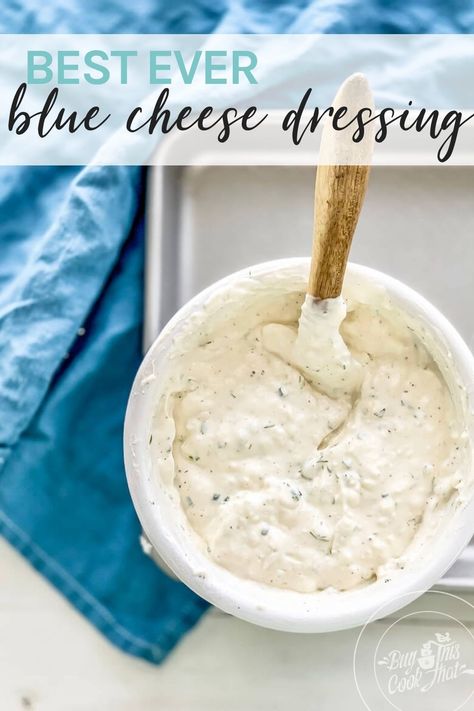 So damn good, you'll eat this Best Ever Blue Cheese Dressing on everything! Funky blue cheese crumbles, rich sour cream + fresh herbs. #bluecheese Steakhouse Blue Cheese Dressing, Blue Cheese Dressing Recipe, Blue Cheese Crumbles, Cheese Salad Dressing, Bleu Cheese Dressing, Blue Cheese Recipes, Blue Cheese Salad, Blue Cheese Dip, Cream Fresh