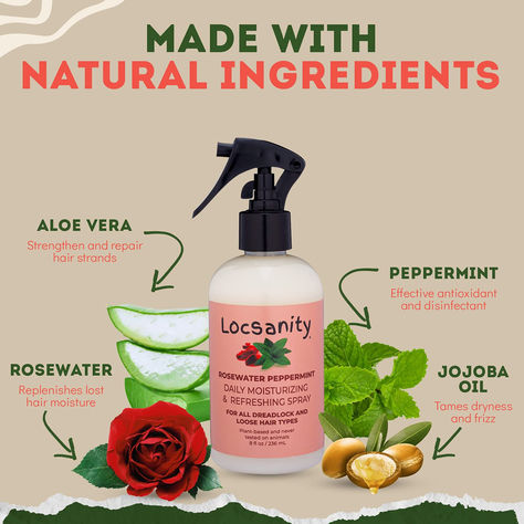 Daily moisturizer for locs with peppermint, jojoba oil, aloe vera, and rosewater. Spray For Locs, Peppermint Hair, Loc Care, How To Treat Dandruff, Locs Natural, Scalp Moisturizer, Spray Moisturizer, Beautiful Locs, Oil Moisturizer