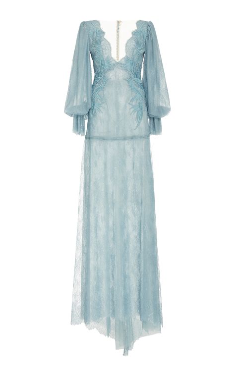 Click product to zoom Blue Lace Gown, Chantilly Dress, Gown Moda Operandi, Real Outfits, Gowns Blue, Lace A Line Dress, Gown Blue, Lace Evening Gowns, Lace Ball Gowns