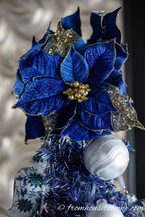 This blue Christmas tree with blue and white Christmas ornaments is gorgeous! Blue and white is one of my favorite Christmas color themes. #fromhousetohome #bluechristmas #blueandwhite #christmasdecoratingideas #christmastree Blue And Gold Christmas, Blue Christmas Tree Decorations, Christmas Tree Decorating Ideas, Tree Decorating Ideas, Glam Christmas Decor, Blue Christmas Ornaments, Blue Christmas Decor, Christmas Tree Decorating, Silver Christmas Decorations