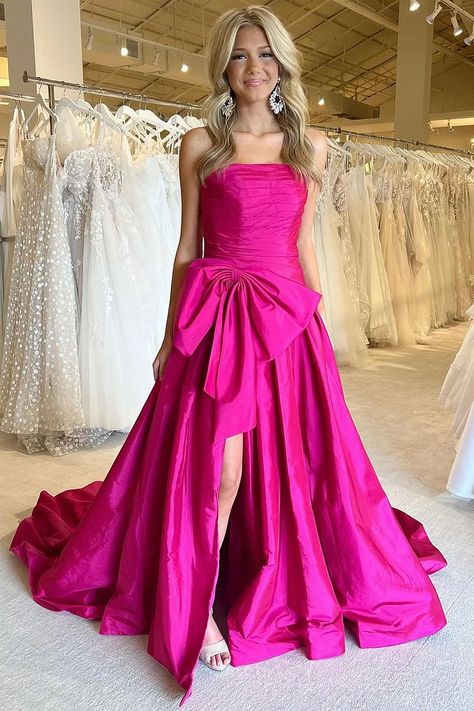 Prom Dress With Bow, Satin Long Prom Dress, Prom Dress With Split, Prom Dress With Train, A Line Prom Dress, Dress With Split, A Line Prom Dresses, Blue Satin, Long Prom Dress