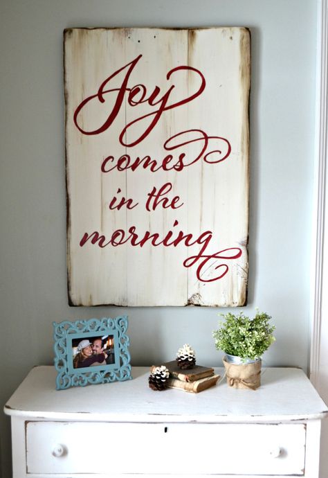 Wood sign by Aimee Weaver Designs || Joy comes in the morning Joy Comes In The Morning, Love Wood Sign, Faith Sign, Joy Sign, Happy Friday Friends, Wood Artwork, Pink Life, Pallet Signs, Pallet Art