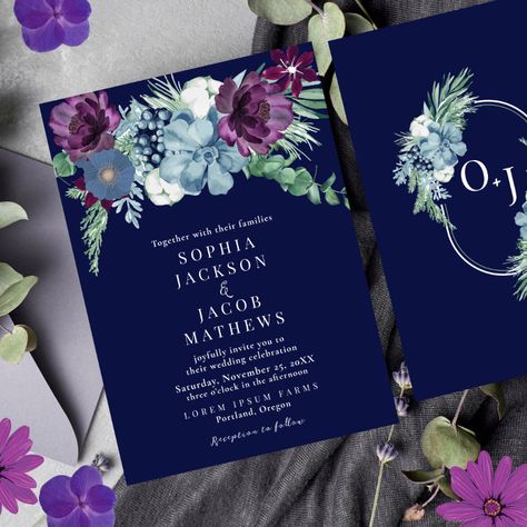 Classy Winter Wedding, Minimalist Wedding Design, Modern Classic Wedding, Navy Blue Watercolor, Blue Watercolor Floral, Elegant Wedding Invitation, Winter Wedding Invitations, Watercolor Floral Wedding Invitations, Elegant Wedding Invitations