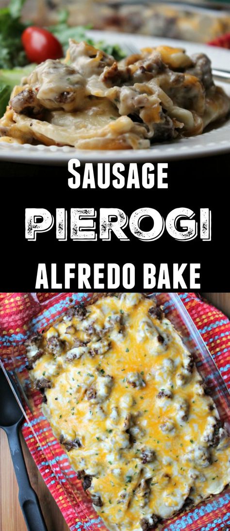 Sausage Pierogi Alfredo Bake  - An easy weeknight, comfort food meal.  This is a great go-to when you can't make the whole meal from scratch.  This starts off with browning ground sausage (or sub w/ beef, chicken etc) then baking it with frozen pierogies, jarred Alfredo sauce and cheese!  Serve with a salad to balance out the meal.  #comfortfood #easyrecipe #pierogies #casserole Pierogies Casserole, Chicken From Frozen, Baking Frozen Chicken, Beef Food Recipes, Baked Meals, Jarred Alfredo Sauce, Ground Sausage Recipes, Frozen Pierogies, Baking Chicken