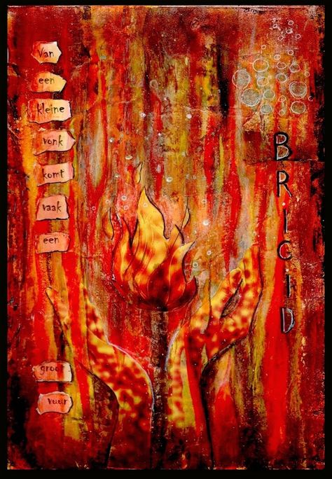 Greylady's Hearth: Mixed media collage: Brigid’s Fire Fire Collage Art, Brigid Brannagh, Autumn Mixed Media Art, Dragon Mixed Media, Halloween Mixed Media Canvas, Intuitive Art, Creative Journal, Art Programs, Divine Feminine