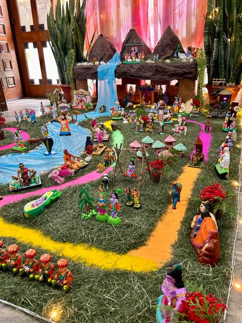 Janmashtami Decoration Theme, Village Decoration Ideas For Ganpati, Vrindavan Theme Ganpati Decoration, Krishna Janmashtami Decoration At School, Krishna Theme Decoration, Shri Krishna Janmashtami, Saraswati Picture, Hindu Wedding Decorations, Mandir Decoration