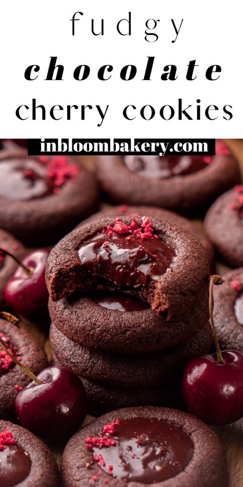 These are the best chocolate cherry cookies! They're fudgy chocolate thumbprint cookies, filled with chocolate cherry ganache. Raspberry Chocolate Thumbprint Cookies, Chocolate Raspberry Thumbprint Cookies, Black Forest Cookies Chocolate Cherry, Maraschino Cherry Cookies, Cherry Ganache, Best Bread Pudding Recipe, In Bloom Bakery, Thanksgiving Chocolates, I Lost 100 Pounds