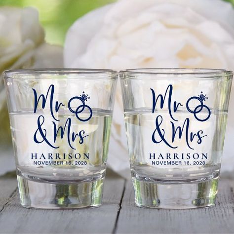 $8.45 | Wedding Favor Mr Mrs Navy #wedding favor, mr and mrs, wedding guest, bride groom, wedding rings, wedding keepsake souvenir, script, modern, reception, navy blue Wedding Shot Glasses Favors, Two Wedding Rings, Shot Glasses Wedding Favors, Wedding Shot Glasses, Wedding Toast, Wedding Toasts, Cadeau Photo, Wedding Glasses, Personalized Wedding Favors