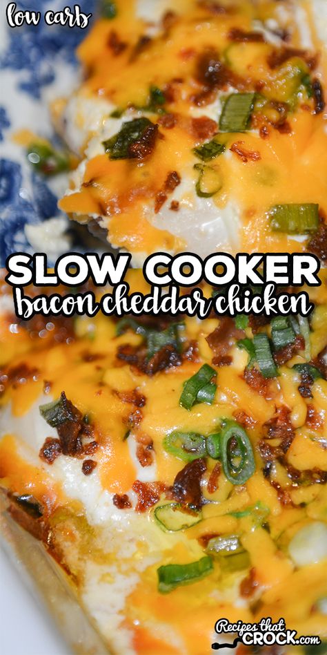 Our Slow Cooker Bacon Cheddar Chicken is a low carb tried and true recipe that everyone loves! Tender chicken is layered with bacon, green onion and an incredible creamy cheesy topping. via @recipescrock Casserole Crock Recipes, Bacon Cheddar Chicken, Crockpot Chicken And Potatoes, Cheesy Bacon Chicken, Chicken Low Carb, Crock Meals, Slow Cooker Bacon, Crockpot Chicken Breast, Chicken Salad Recipe Easy