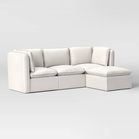 Refresh your living room decor with this 4-Piece Haven French Seam Modular Sectional from Threshold™. This upholstered modular sectional set brings a clean-lined, modern look to your interiors. It includes one armless sectional, two corner sectionals and a matching ottoman to create a cozy seating space whether you're entertaining friends, reading a book or watching TV. Threshold™: Looks like home, feels like you. Canvas Upholstery, Armless Sectional, Cream Couch, Sitting Space, Small Sectional, Apartment Needs, White Sectional, College House, Plywood Frame