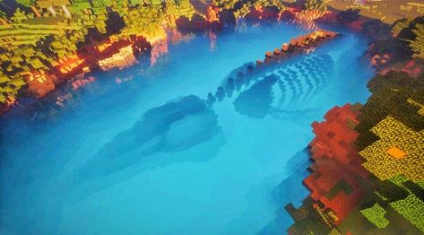 A blue fog lake in Minecraft with a large fossil buried within. The fog effect kitting is very apparent in the middle of the fog lake giving the fog a nice glow effect. Minecraft Fossils, Fog Effect, Mine Minecraft, Minecraft Theme, Minecraft Structures, Blue Fog, Minecraft Cottage, Cool Minecraft Creations, Cute Minecraft Houses