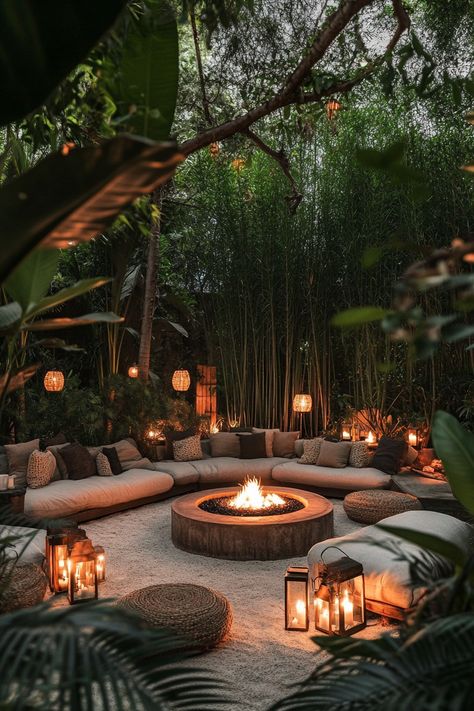 Elegant backyard oasis with a sunken fire pit lounge surrounded by soft seating, lanterns placed around for a warm glow, and towering bamboo plants for privacy --ar 2:3 --style raw --v 6.1 Backyard Landscape Designs, Private Courtyard Ideas, Backyard Oasis Ideas Inspiration, Phoenix Backyard Ideas, Large Patio Ideas Layout, Desert Oasis Backyard, Italian Backyard Ideas, Outside Furniture Ideas, Luxury Outdoor Living Space