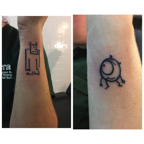 My sister and I got matching Monsters Inc. tattoos Spooky Matching Tattoos For Sisters, Monsters Inc Tattoos, Monsters Ink Tattoo, Monsters Inc Tattoo Ideas, Monsters Inc Tattoo Small, Disney Matching Tattoos, Monsters Inc Tattoo, Opposite Tattoos Matching, Couples Tats