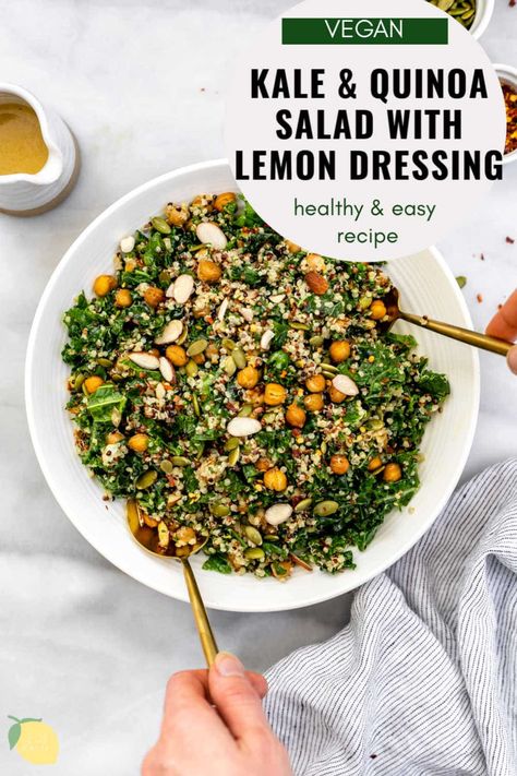 This is the best kale salad recipe. It's fresh, easy to make with fluffy quinoa and roasted garlic chickpeas. It's finished off with a lemon dijon dressing that is vegan and perfectly tangy. Add some roasted sweet potato or grilled salmon for a healthy lunch, dinner, or salad for a party. This kale salad is sure to be a hit! #kalesalad #quinoasalad #vegankalesalad Lemon Dijon Dressing, Quinoa Kale Salad, Kale And Quinoa Salad, Kale And Quinoa, Quinoa Kale, Kale Quinoa, Dijon Dressing, Kale Quinoa Salad, Kale Salad Recipes