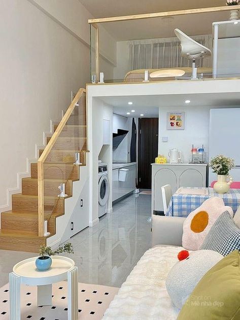 Cute Aesthetic Rooms, Apartemen Studio, Loft House Design, Casa Loft, Pink Bedroom Decor, Tiny House Loft, Home Design Floor Plans, Tiny House Floor Plans, Minimal House Design