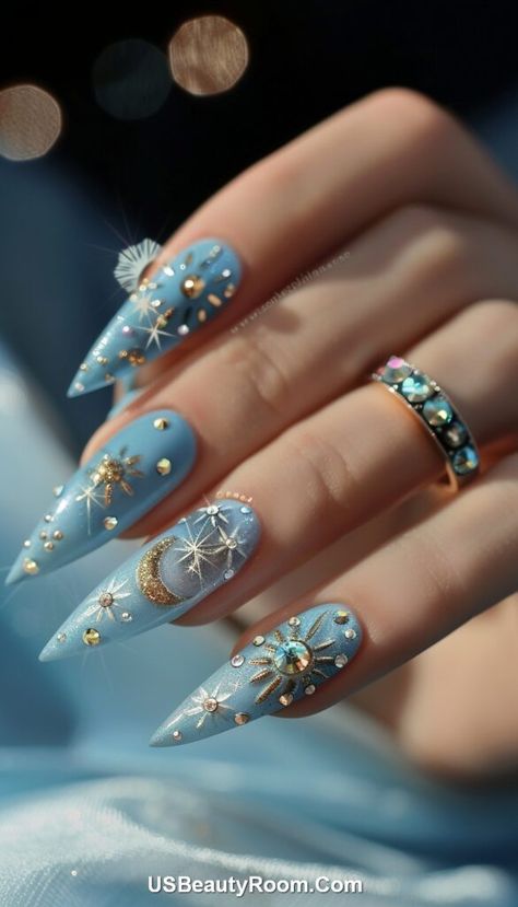 Celestial Nail Designs, Celestial Nail Art, Blue Gold Nails, Birthday Nail Ideas, Cosmic Nails, Acrylic Nails Almond Shape, Birthday Nail Designs, Witchy Nails, Moon Nails