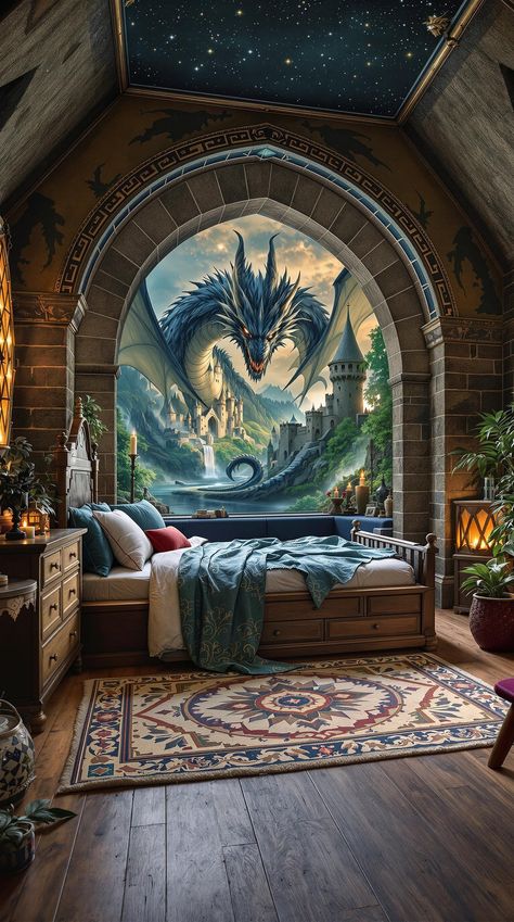 Boho Bedroom Ideas for Kids Dragon Bedroom Ideas, Fantasy Room Ideas, Fantasy Themed Room, Bedroom Ideas For Kids, Artsy Decor, Magical Bedroom, Boho Bedrooms, Fantasy Bedroom, Cozy Nooks