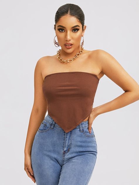 Brown Tube Top Outfit, Bandana Tube Top, Brown Tube Top, Nightout Outfit, Tube Top Outfits, Bandana Styles, Cute Lazy Outfits, Coffee Brown, Women Tops