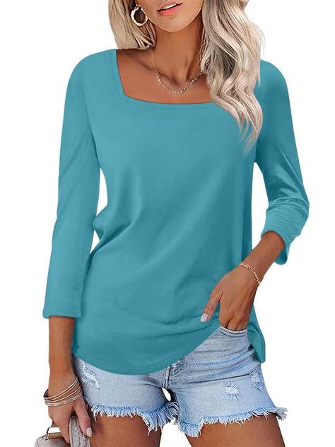 PRICES MAY VARY. 【SOFT MATERIAL】Polyester, Rayon and Spandex; Soft, stretchy, breathable and smooth fabric；It‘s comfy to wear it all day. 【SPECIAL FEATURES】Square Neck Tops, 3/4 Sleeve Shirts, Curved Hem, Solid Color, Casual, Cute and Classic; Casual square neck lets your neck look more slender and graceful; 3/4 sleeve design is easy to modify your arm. 【DIFFERENT OCCASIONS】Simple design makes it perfect for any casual occasions; Best choice for home wear, work, office, street, shopping, travel, Square Neck Tops, Street Shopping, Summer Tees, Square Neck Top, Tops Casual, Classic Casual, Home Wear, Summer Tee, Shopping Travel