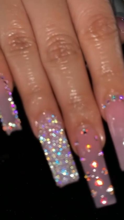 2023 Birthday Nails, Baddie Nails For Birthday, Pink Sparkly Birthday Nails, Full Glitter Acrylic Nails, Pixie Dust Nails Acrylic, Baddie Nails Square Long, 21st Birthday Ideas Nails, Fabulous Nails Sparkle, Blinged Out Nails Rhinestones Pink