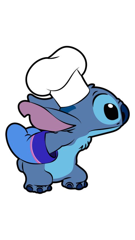 Stitch, that is a blue koala-like alien, wanted to help his friend Lola to cook a delicious dessert. He decided to do everything on his own, and he started it with the most simple things - wearing a... Stitch Dessert Ideas, Cute Stitch Drawings, Stitch Eating, Cooking Stickers, Stitch Head, Bunny Invitations, Stitch Coloring Pages, Lilo And Stitch Drawings, Stitch Toy