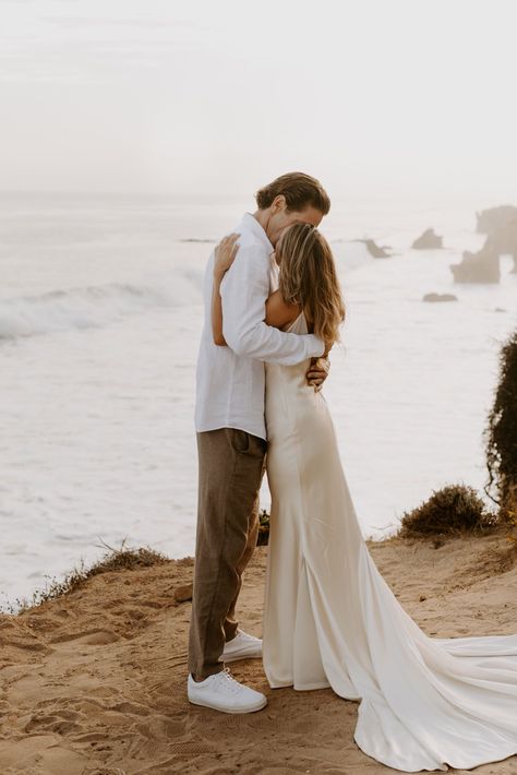 Joana and arco traveled from Canada and Norcal for their Malibu beach elopement at El Matador state beach for a sunset ceremony and gorgeous beach photos Beach Elopement Mens Attire, Beach Elopement Groom Attire, Casual Elopement Outfit Groom, Mens Elopement Attire, Groom Outfit Beach Wedding, Groom Casual Wedding Attire, Casual Beach Elopement, Beach Elopement Dress, Malibu Beach Wedding