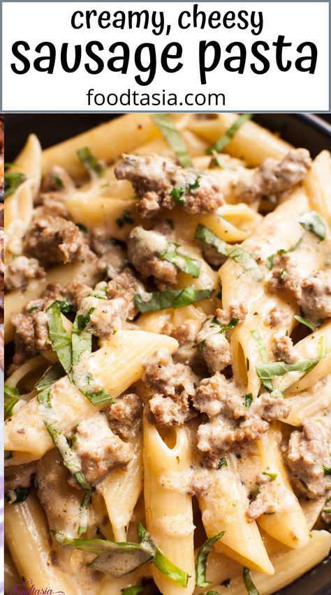 Italian Sausage Heavy Cream Pasta, Sausage Heavy Cream Pasta, Italian Sausage Mac And Cheese, Ground Sausage Alfredo Pasta, Quick Ground Sausage Recipes, Papadeli Pasta, Italian Sausage Recipes Ground, One Pot Italian Sausage Pasta, Sweet Italian Sausage Pasta