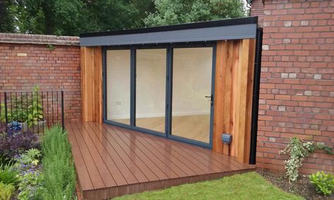 Triangular garden room designed to slot in - The Garden Room Guide Garden Office Ideas, Corner Sheds, Home Extensions, Insulated Garden Room, Garden Room Ideas, The Garden Room, Corner Summer House, Garden Pods, Room Designer