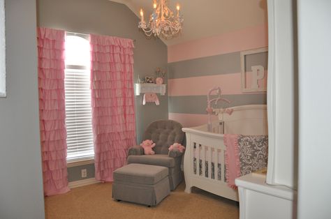 Pink Purple Bedroom, Pink Curtains Nursery, Pink Striped Walls, Pink And Gray Nursery, Gray Nursery, Baby Room Ideas, Nursery Curtains, Grey Nursery, Walls Room