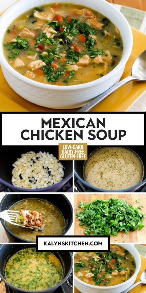 Pinterest image for Mexican Chicken Soup in a white bowl with a spoon next to it and sitting on a yellow plate. Procedure  images are also shown. Mexican Chicken And Rice Soup, Pinto Bean Soup, Mexican Chicken And Rice, Mexican Soup Chicken, Frozen Cauliflower Rice, Mexican Soup, Leftover Rotisserie Chicken, Easy Mexican, Best Soup Recipes