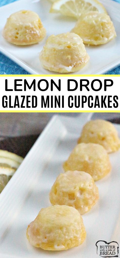 Little Lemon Drop Glazed Mini Cupcakes are delicious bite-sized treats that start with a lemon cake mix! The easy lemon glaze soaks into the inverted mini cupcakes and is a simple, incredibly delicious lemon cake mix recipe! Lemon Cake Mix Recipe, Delicious Lemon Cake, Lemon Treats, Lemon Drops, Cake Mixes, Lemon Cake Mixes, Cake Mix Recipes, Lemon Desserts, Cupcake Cake