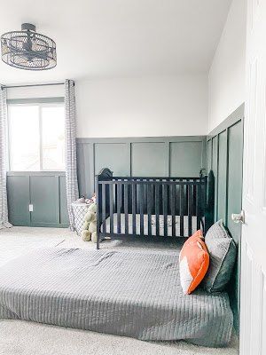 Green Board & Batten in a Toddler RoomColor is "woodland lichen" by sherwin williams Materials- Hardboard Panel (backerboard)- 1x12 for headers/baseboards (we used pre primed)- 1x3 for batten (pre primed)- nail gun- caulk- wood/nail filler- foam rollers- paint brush for tight areas- paint- primer (I use kilz all purpose)- paint tape- patience- liquid nails if you choose to use it- miter saw Before To start this rooms board and batten I needed to paint the upper portion of t… Woodland Lichen Sherwin Williams, Toddler Room Makeover, Green Board And Batten, Boy Room Makeover, Toddler Boy Room, Green Board, Bunk Beds Built In, Board Batten, Mom Brain