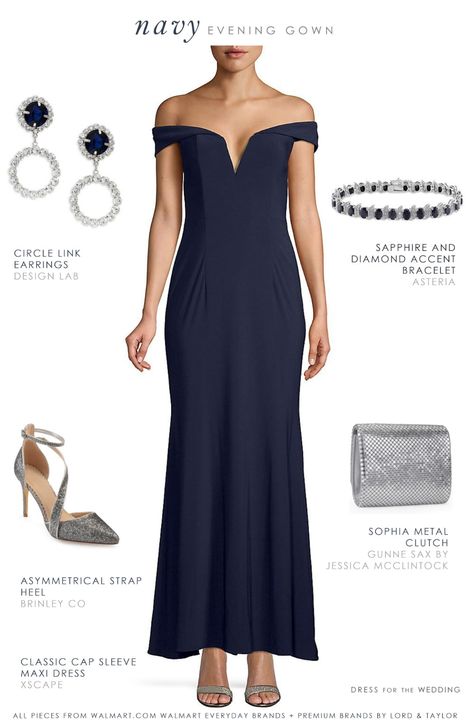 Navy blue evening gown and accessories. Perfect winter formal or wedding outfit   #dressforthewedding #weddingguest #outfitideas Navy Blue Formal Dress Accessories Evening Gowns, Navy Dress Accessories Wedding, Navy Gown Outfit, Jewelry For Navy Blue Formal Dress, Navy Gown Accessories, Navy Blue Dress Wedding Guest, Accessories For Navy Blue Dress Formal, Navy Formal Dress Accessories, Navy Blue Wedding Dress Guest