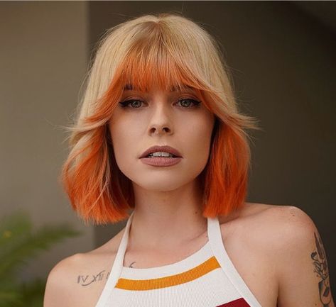 Orange Ends Hair, Blonde Fringe Ginger Hair, Orange Creamsicle Hair, Blonde Hair With Orange Tips, Blonde And Orange Hair, Orange And White Hair, Orange And Blonde Hair, Fun Haircolor, Bright Orange Hair