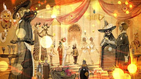 Vibra Masquerade Ball Illustration - Fantasian Art Gallery Fantasy Ballroom Concept Art, Masquerade Ball Fantasy Art, Masquerade Ball Illustration, Ballroom Illustration, Masquerade Illustration, Masquerade Ball Art, Fantasy Masquerade Ball, Fantasy Ballroom, Ballroom Art