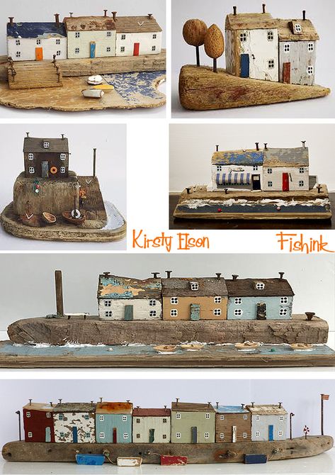 Kirsty Elson, Driftwood Cottages, Driftwood Houses, Wood Things, Small Wooden House, Wooden Cottage, Glitter Houses, Seaside Cottage, Driftwood Crafts