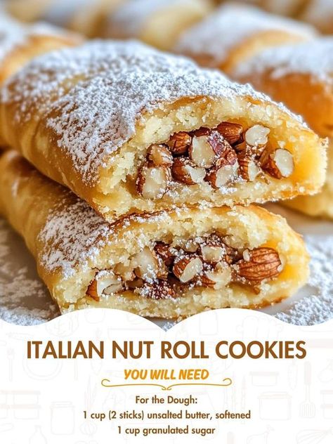 Italian Nut Horn Cookies, Mini Nut Rolls, Nut Roll Cookies Christmas, Italian Nut Roll Recipe, Nut Cookies Christmas, Baci Di Dama Recipe Italian Cookies, Italian Nut Rolls, Traditional Italian Christmas Cookies Recipes, Easy Unique Cookie Recipes