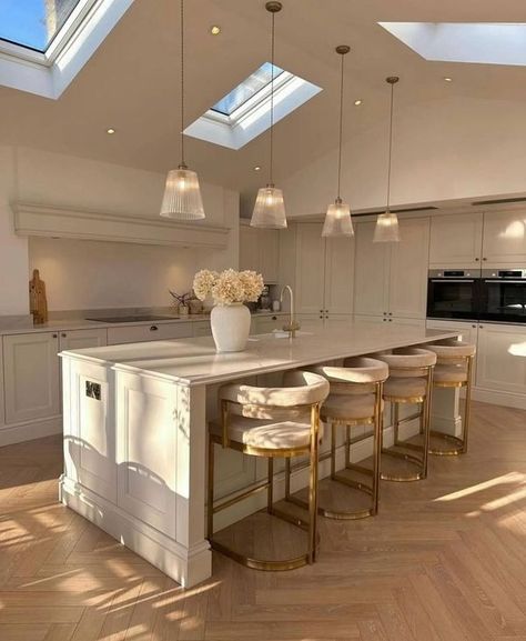 Home Interior Designs | Facebook Kitchen Herringbone Floor, Kitchen Island With Stove, Luxury Kitchen Island, Herringbone Kitchen, Neutral Dining Room, Classy Kitchen, Herringbone Wood Floor, Bar Stools Kitchen Island, Beige Kitchen