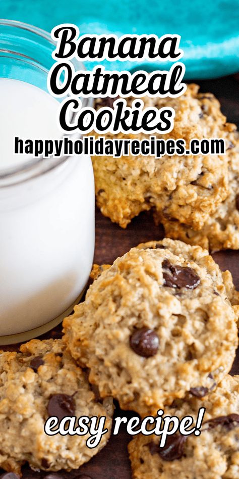 These banana oatmeal cookies make a great breakfast snack or for when you're craving something sweet! Save this pin now for later! Banana Cookies Oatmeal, Banana Chocolate Chip Oatmeal Cookies, Banana Oatmeal Peanut Butter Chocolate Chip Cookies, Oatmeal Banana Cookies, Simple Banana Oatmeal Cookies, Cookies Made With Bananas And Oats, Oatmeal Chocolate Chip Cookie Recipe Healthy Banana Oats, Soft Caramel Popcorn, Banana Oatmeal Chocolate Chip Cookies