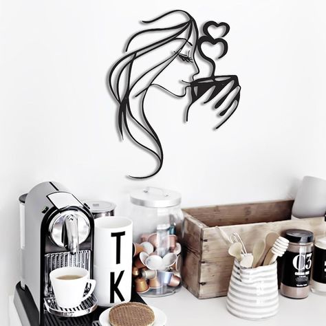 Amazon.com: Coffee Wall Art Bar Sign Decor,3D Black Metal Wall Art,Kitchen Line Art Wall Decor,Woman Drinking Coffee Wall Sculptures,Unique Modern Metal Wall Art for Living Room,Bedroom,Coffee Bar Wall Decor : Home & Kitchen Coffee Bar Pictures Wall Art, Kitchen Picture Ideas, Kitchen Decor Wall Art Creative, Kitchen Line Art, Kitchen Artwork Ideas, Coffee Bar Wall Decor, Bedroom Coffee Bar, Coffee Bar Wall, Bar Pictures