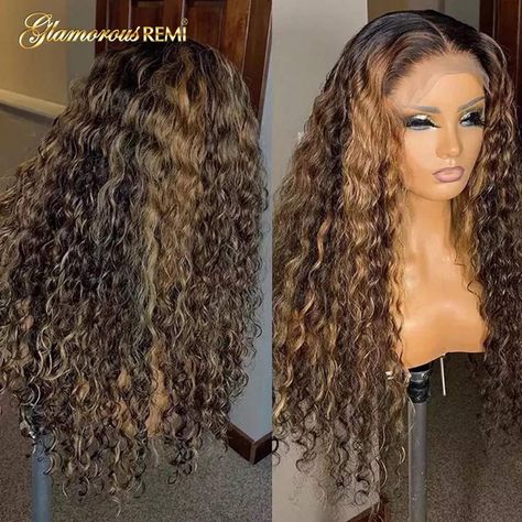 Highlighted Deep Wave Wig, Curly Highlights, Curly Lace Frontal, Curly Lace Wig, Curly Human Hair Wig, Curly Lace Front Wigs, Frontal Wig, Honey Blonde, Deep Wave