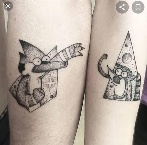 Best Friend Tattoos Man, Guy Best Friend Tattoos Matching, Mordecai And Rigby Tattoo Ideas, Matching Tattoos Group Of 4, The Regular Show Tattoo, Matching Gaming Tattoos, Matching Guy Tattoos, Matching Tattoos For Best Friends Men, Regular Show Tattoo Ideas