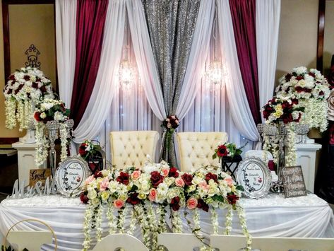 Wedding head table Burgundy, white and silver. Burgundy White And Silver Wedding, Burgundy And Silver Wedding Decorations, Burgundy And Gray Wedding, Burgundy And Silver Wedding, Head Table Decorations, Burgundy And Grey Wedding, Head Table Wedding Decorations, Grey Wedding Theme, Wedding Head Table