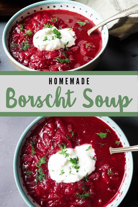 This brightly colored Borscht Soup is a classic recipe from Belarus. Made with beets, potatoes, tomatoes and more, it is best served with sour cream, dill, and, if you’re feeling adventurous, even a hard-boiled egg! Belarus Recipes, Borscht Soup Recipe, Vegetarian Borscht, Borscht Recipe, Borscht Soup, Potatoes Tomatoes, Russian Dishes, Beet Soup, European Recipes