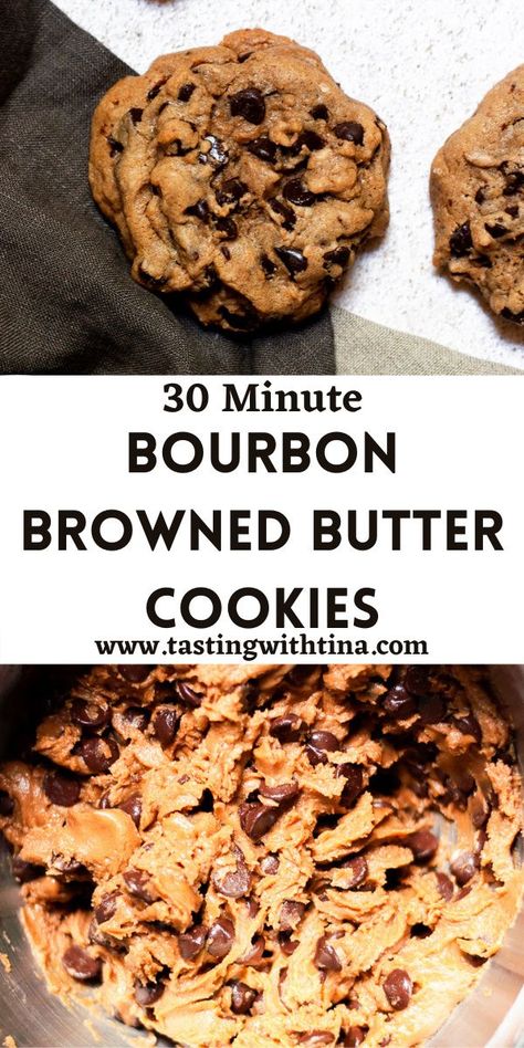 Gooey Bourbon Browned Butter Chocolate Chip Cookies are soft, chewy, and full of melty chocolate chips. These easy cookies are perfect for the holidays or just as a treat. Bourbon Brown Butter Cookies, Bacon Bourbon Chocolate Chunk Cookies, Brown Butter Bourbon Chocolate Chip Cookies, Whiskey Brown Butter Cookies, Whiskey Cookies Recipe, Brown Butter Bourbon Cookies, Bourbon Pecan Chocolate Chip Cookies, Bourbon Chocolate Chip Cookies, Brown Butter Bourbon Pecan Cookies