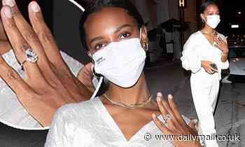 Jasmine Tookes, 29, flashed her massive seven carat engagement ring for the camera outside of Catch in West Hollywood. The model was seen for the first time out since the news, wearing all white Jasmine Tookes Engagement Ring, Jasmine Tookes Wedding, Jasmine Tookes, Celebrity Engagement Rings, Getting Engaged, West Hollywood, Time Out, All White, Celebrity News