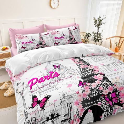 Amazon.com: Pink Paris Comforter Set Eiffel Tower France Bedding Comforter Full Size Bed in a Bag with Pink Sheet Set Cherry Blossom Butterfly Quilt Women Teens Girls Full Bed Set : Home & Kitchen Girls Full Bed, Paris Comforter Set, Cherry Blossom Butterfly, Full Bed Set, Full Size Bed Sets, Pink Sheet Set, Eiffel Tower France, Full Size Comforter, Bed Comforter