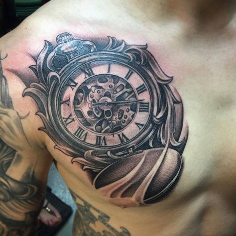 Image result for pocket watch tattoo Time Piece Tattoo, Pocket Watch Tattoo Design, Watch Tattoo Design, Gear Tattoo, Pocket Watch Tattoos, Watch Tattoo, Clock Tattoo Design, Full Sleeve Tattoo Design, Mens Shoulder Tattoo