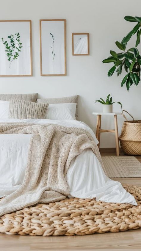 A modern bedroom interior featuring a bed, bedside table, and posters on the wall, all in a cohesive beige color scheme. stock images Beige Coloured Bedroom, Bedroom Carpet Beige, White And Brown Bedding Aesthetic, Beige Bed Covers Aesthetic, Warm Beige Bed, Bedroom Aesthetic Cozy, Cream Bedrooms, Beige Color Scheme, Beige Bedroom